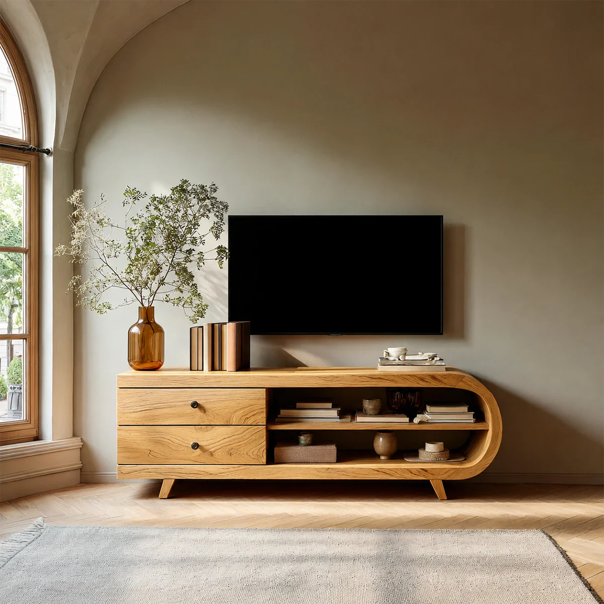 Asymmetrical Natural Solid Wood TV Stand with Drawers and Open Shelf Storage
