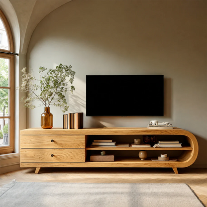 Asymmetrical Natural Solid Wood TV Stand with Drawers and Open Shelf Storage
