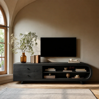 Contemporary storage console under wall TV with curved frame and organized compartments