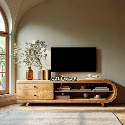 Nordic style media unit with drawers and open shelving in soft natural wood appearance