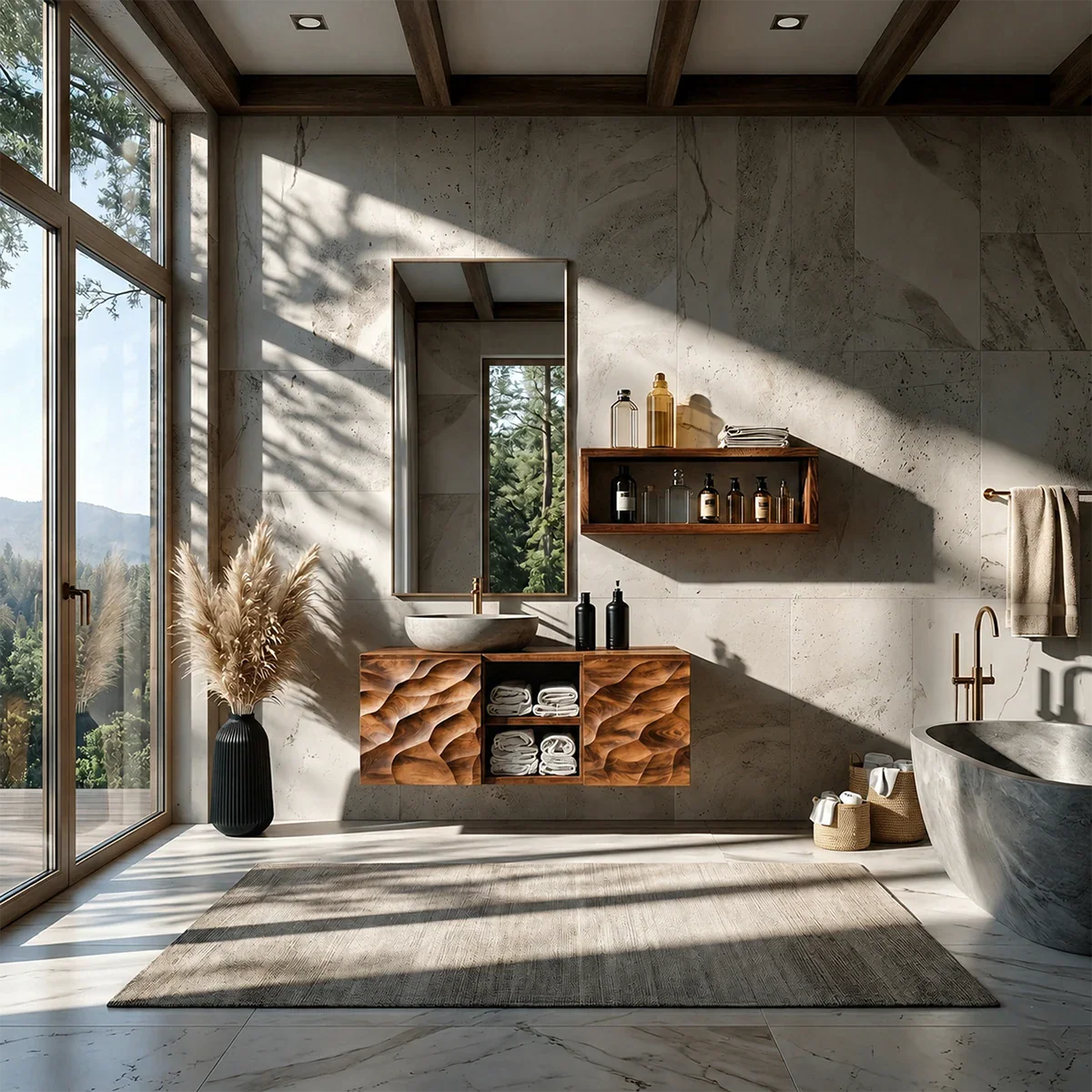 Sculptural Wave Floating Bathroom Vanity Natural Solid Wood