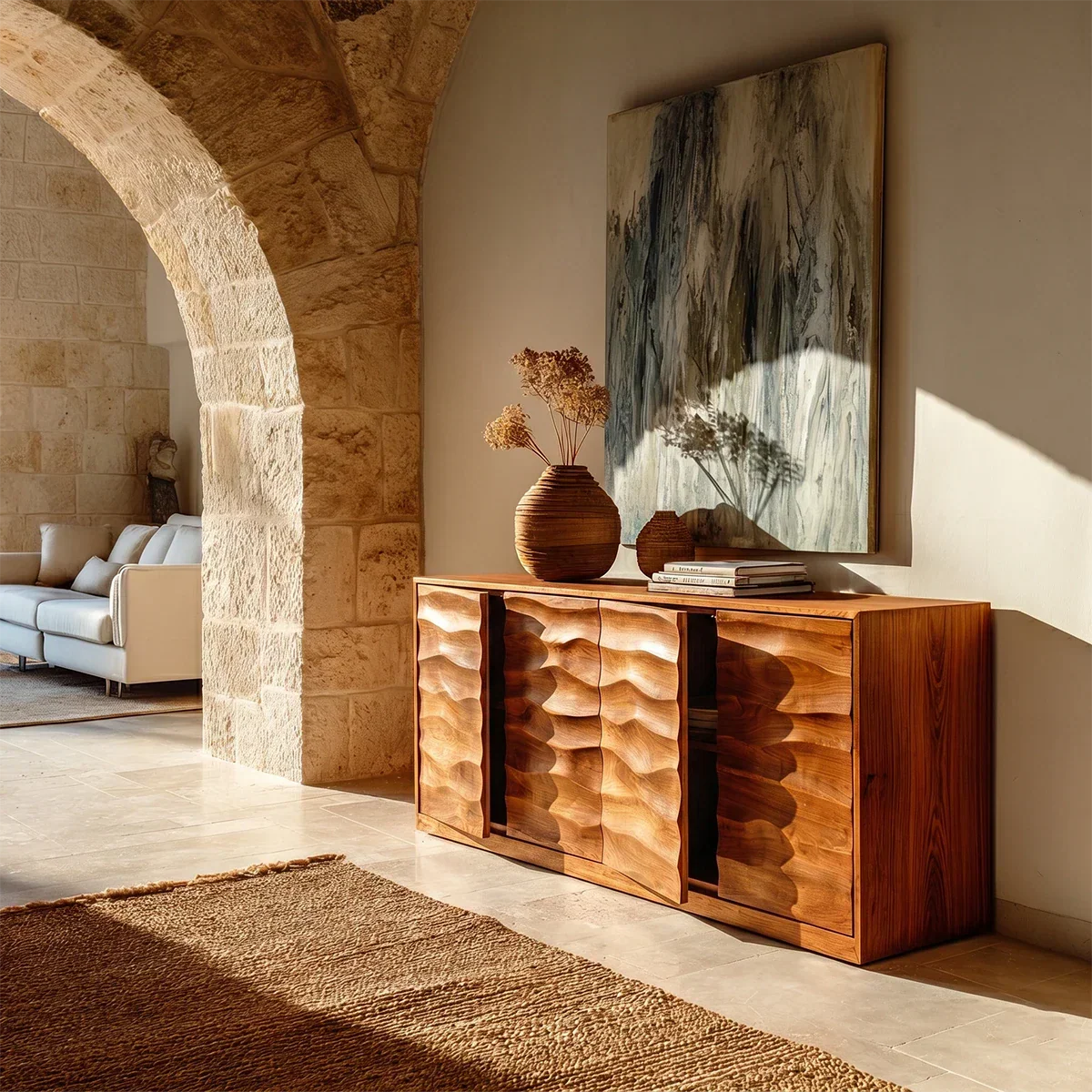 Decorative storage sideboard with flowing carved surfaces and modern architectural styling