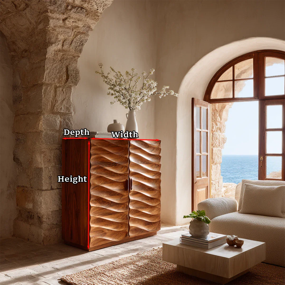 Statement sideboard cabinet with layered wave carving and clean architectural silhouette