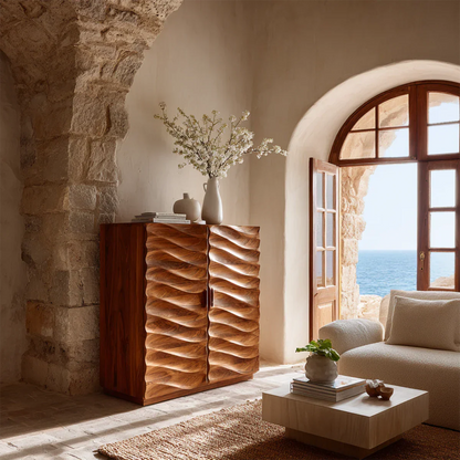 Sculpted wave sideboard cabinet with artistic carved doors for warm minimalist interiors