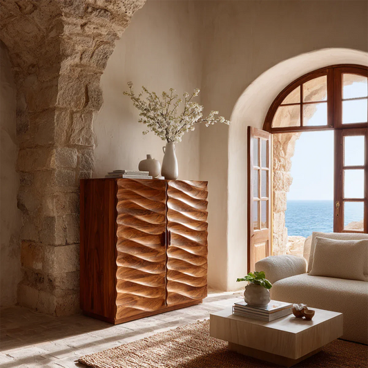 Sculpted wave sideboard cabinet with artistic carved doors for warm minimalist interiors