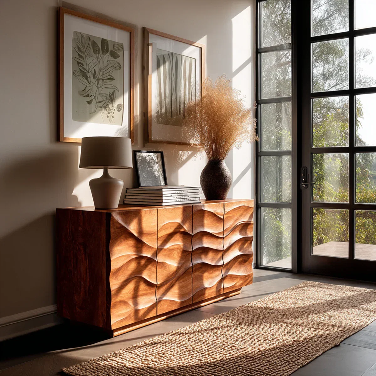 Sculpted wave sideboard cabinet with artistic texture and concealed storage compartments