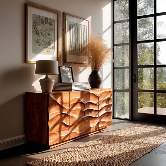Sculpted wave sideboard cabinet with artistic texture and concealed storage compartments