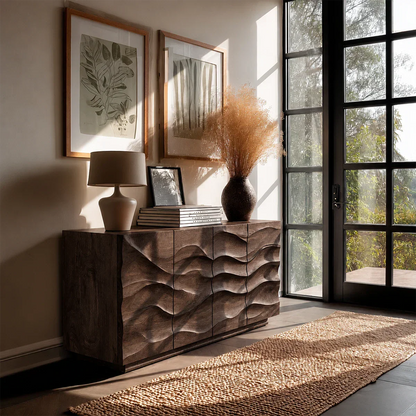 Statement buffet sideboard with sculpted detailing for sophisticated living room interiors