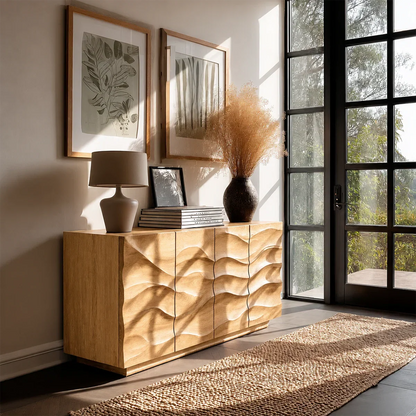 Contemporary credenza cabinet with layered wave texture and seamless storage design