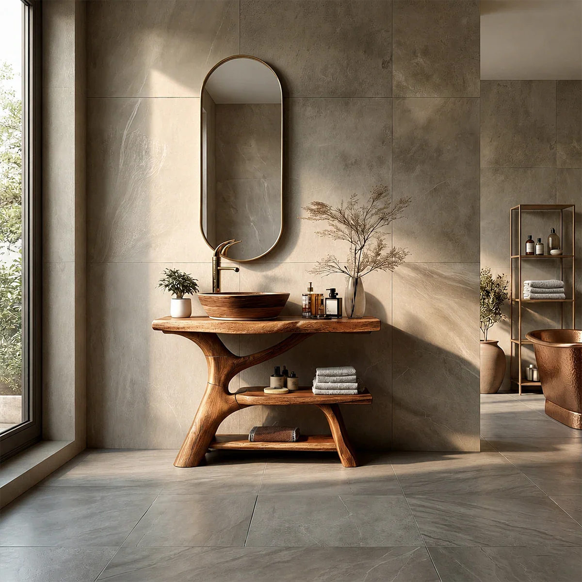 Organic Sculptural Bathroom Vanity Natural Solid Wood Open Shelf