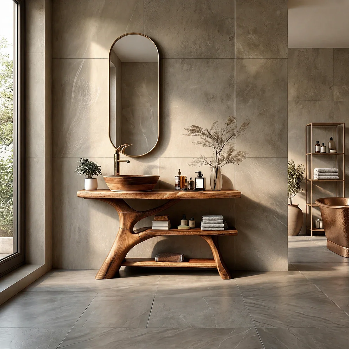 Organic Sculptural Bathroom Vanity Natural Solid Wood Open Shelf