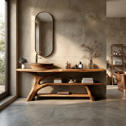 Organic Sculptural Bathroom Vanity Natural Solid Wood Open Shelf