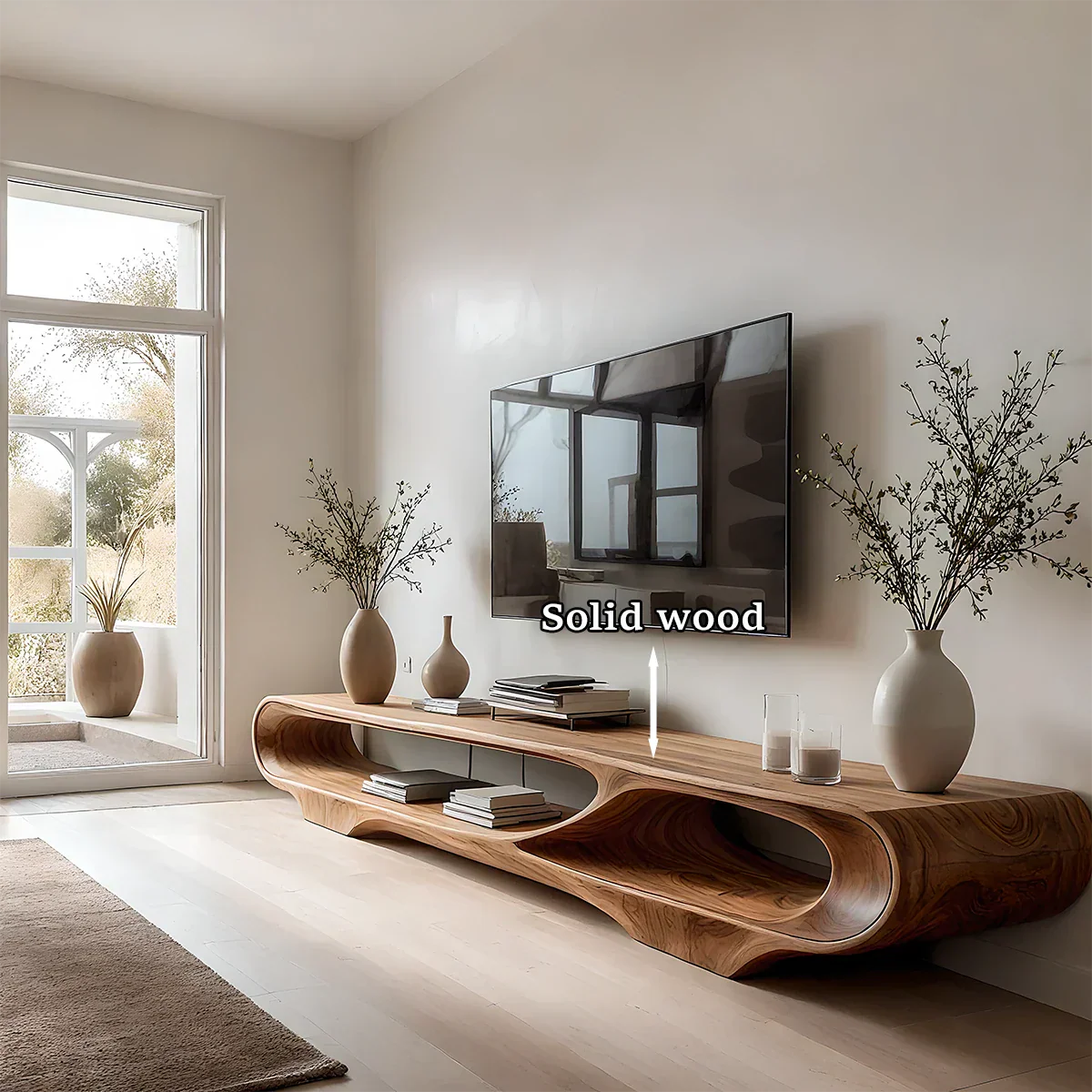 Caramel brown TV stand with flowing open design and natural grain pattern in a bright room