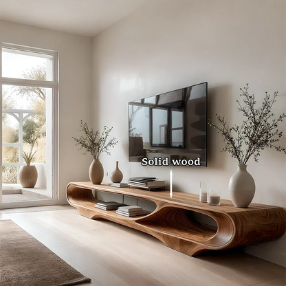 Caramel brown TV stand with flowing open design and natural grain pattern in a bright room