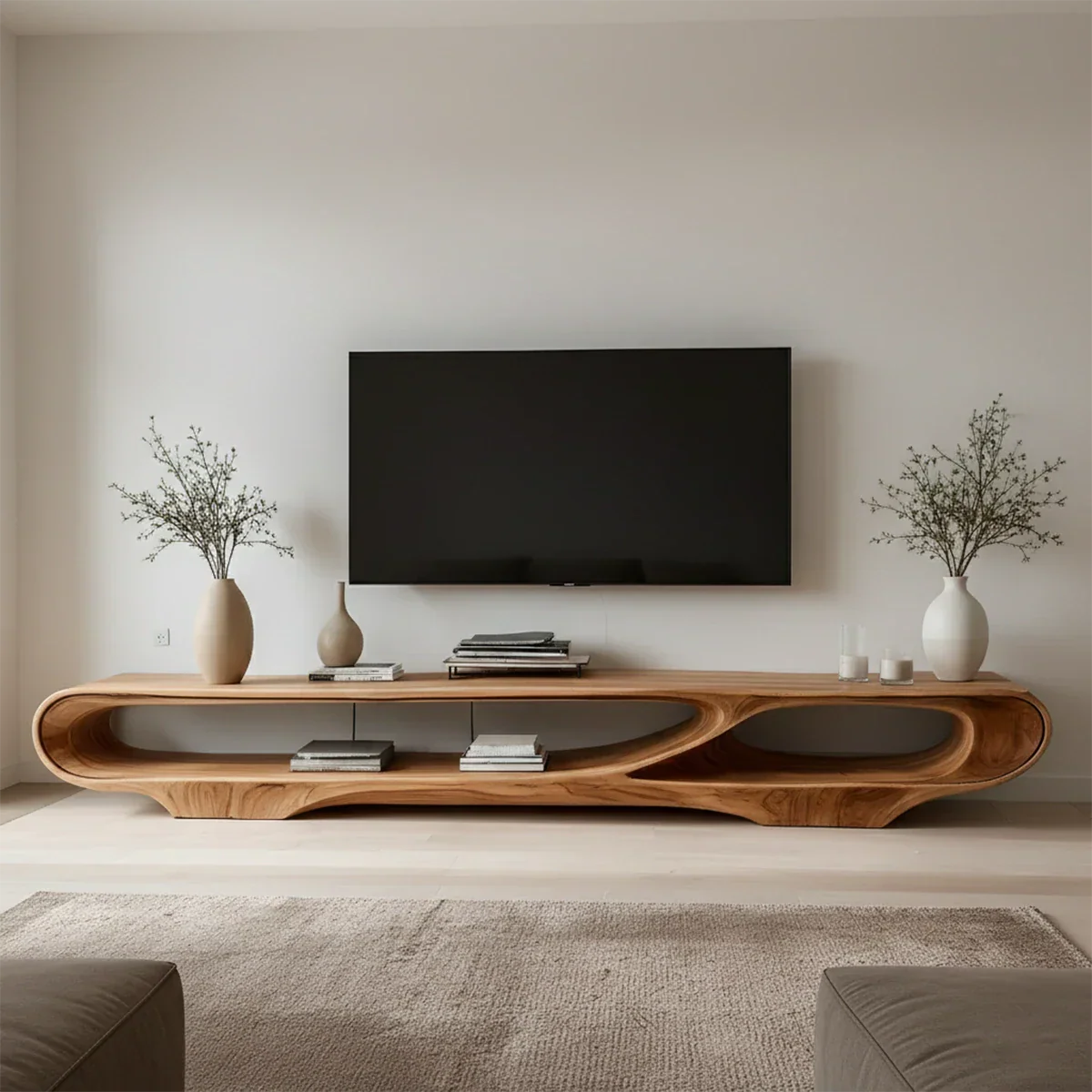 Caramel brown TV stand with seamless curved form and natural grain texture in a bright interior