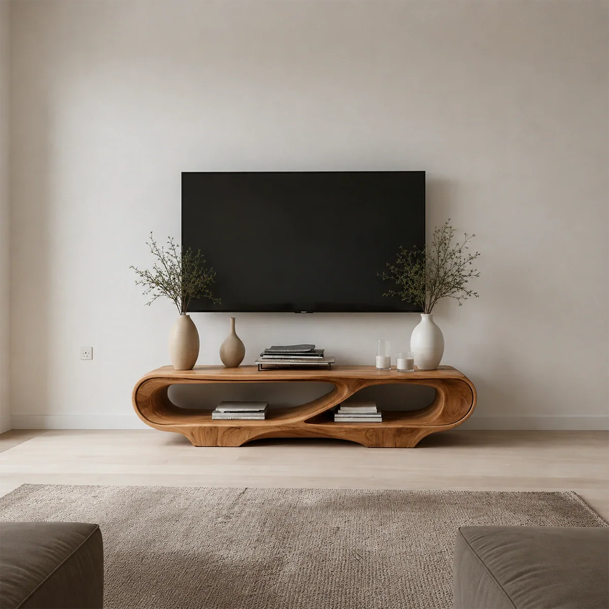 Floating Open Shelf TV Stand Solid Wood Sculptural Media Console