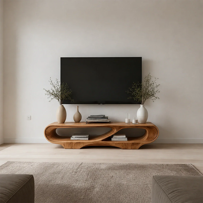 Floating Open Shelf TV Stand Solid Wood Sculptural Media Console