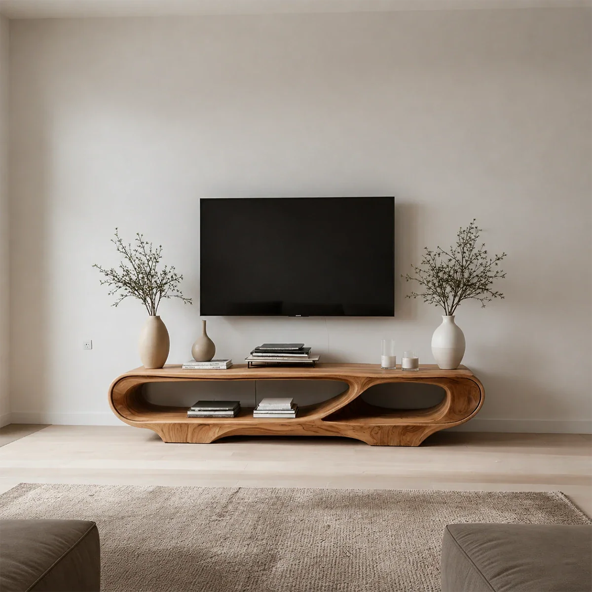 Floating Open Shelf TV Stand Solid Wood Sculptural Media Console