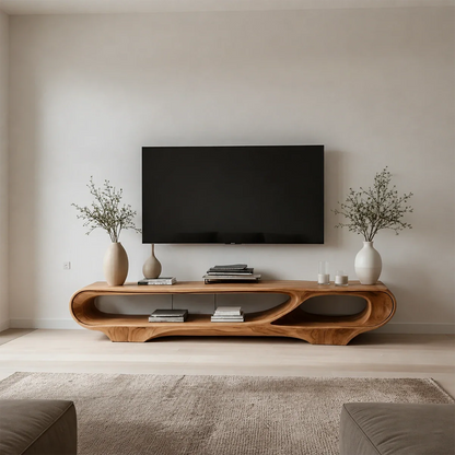 Floating Open Shelf TV Stand Solid Wood Sculptural Media Console
