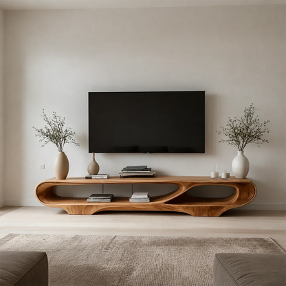 Floating Open Shelf TV Stand Solid Wood Sculptural Media Console
