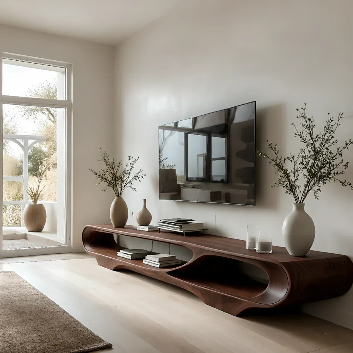 Modern TV stand with caramel walnut tone and open shelf design in a soft neutral space