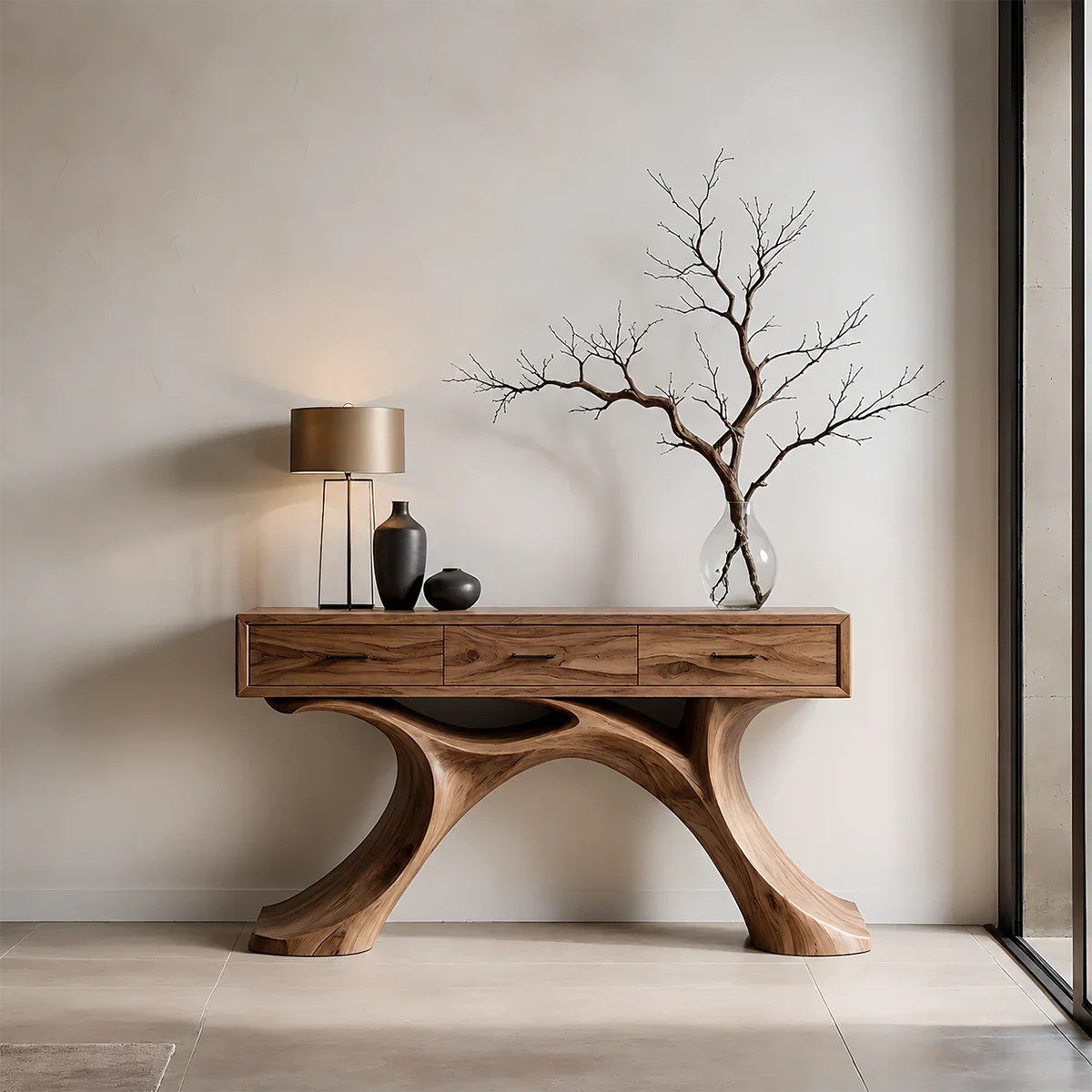 Sculptural Natural Wood Console Table with Drawers for Modern Entryways