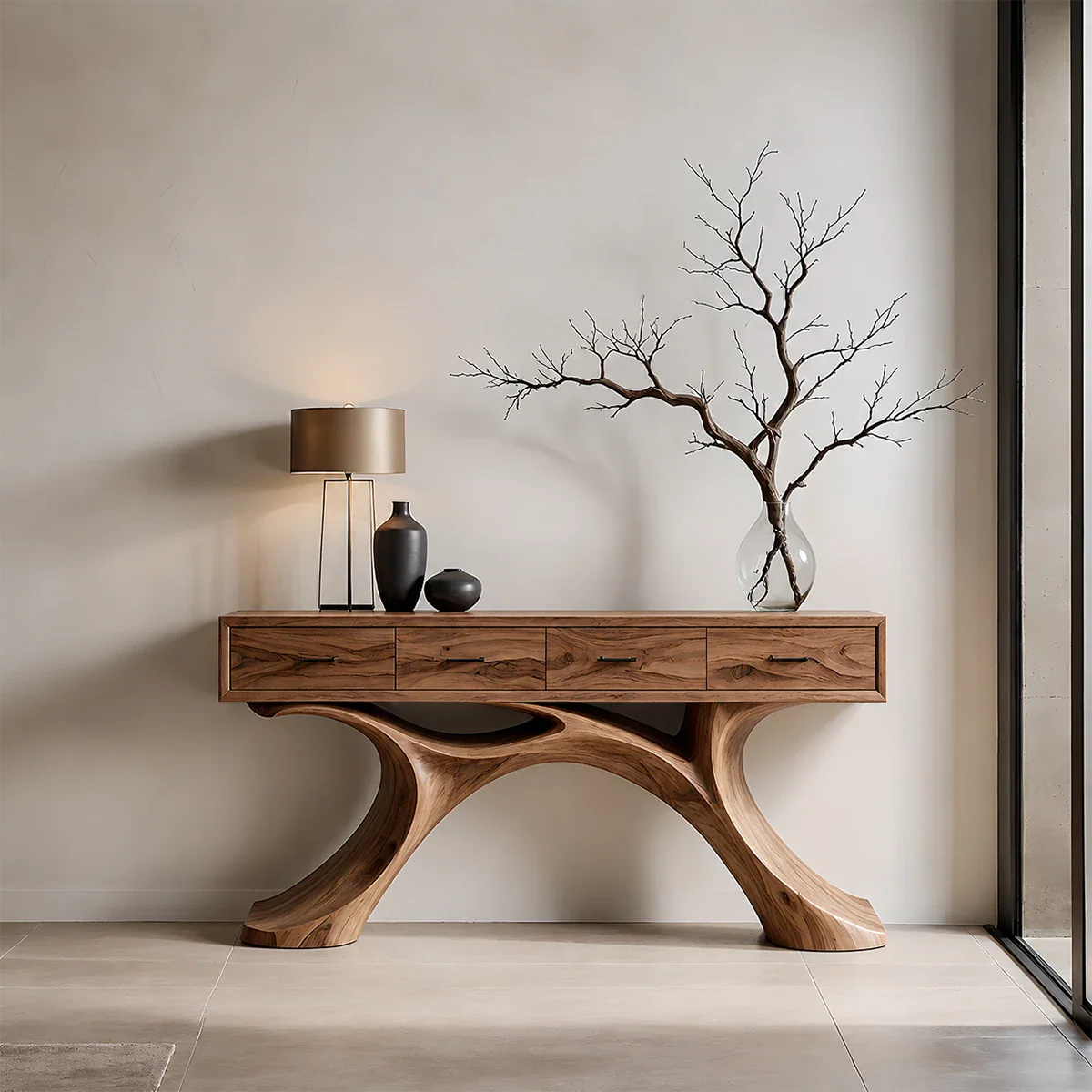 Sculptural Natural Wood Console Table with Drawers for Modern Entryways