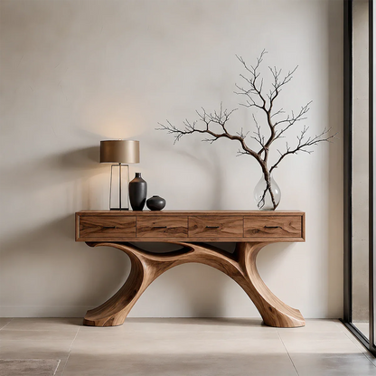 Sculptural Natural Wood Console Table with Drawers for Modern Entryways