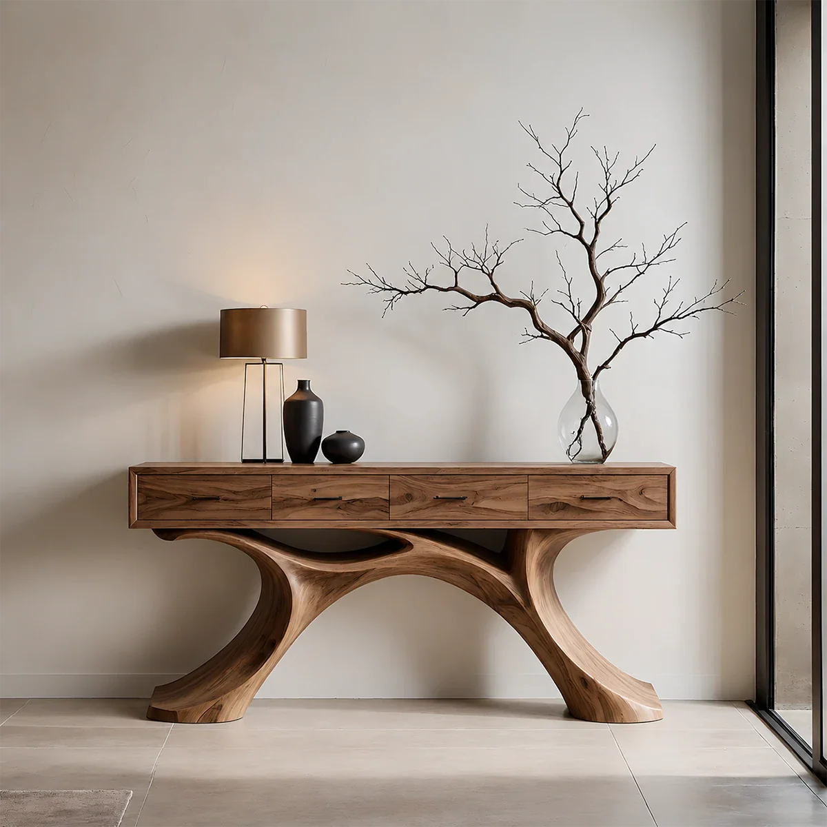 Sculptural Natural Wood Console Table with Drawers for Modern Entryways
