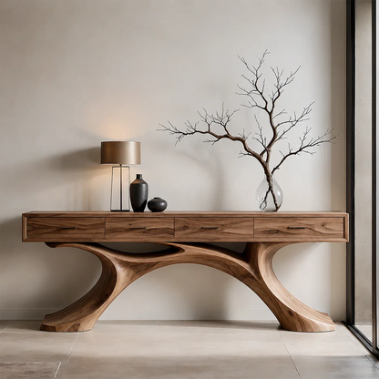 Sculptural Natural Wood Console Table with Drawers for Modern Entryways