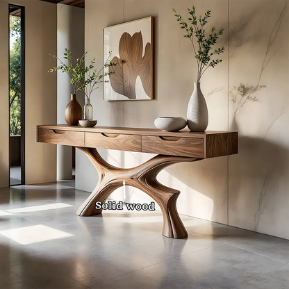 Unique entryway console with sculptural base and seamless drawers for daily essentials