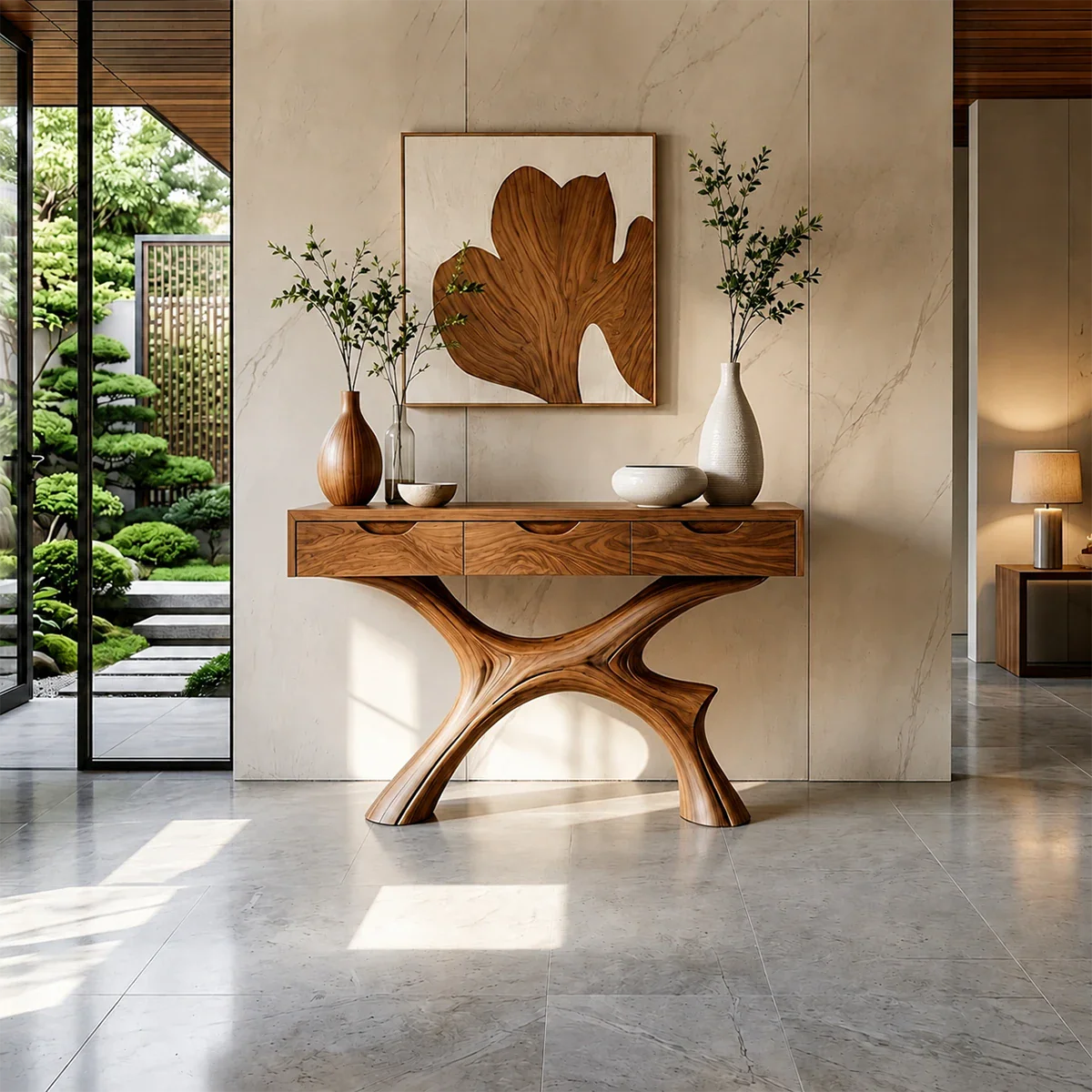 Minimal Natural Wood Console Table with Curved Sculptural Base and Drawers