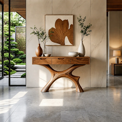 Minimal Natural Wood Console Table with Curved Sculptural Base and Drawers
