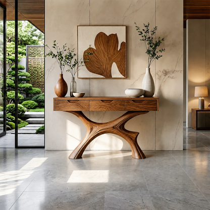 Minimal Natural Wood Console Table with Curved Sculptural Base and Drawers