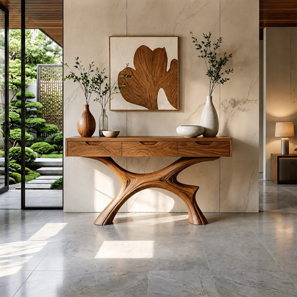 Minimal Natural Wood Console Table with Curved Sculptural Base and Drawers