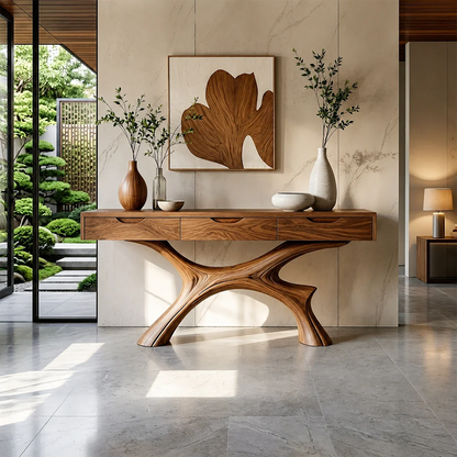 Minimal Natural Wood Console Table with Curved Sculptural Base and Drawers