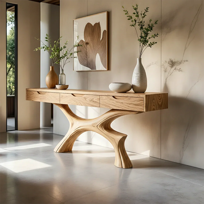 Refined hallway console featuring organic base and built in drawers for modern homes