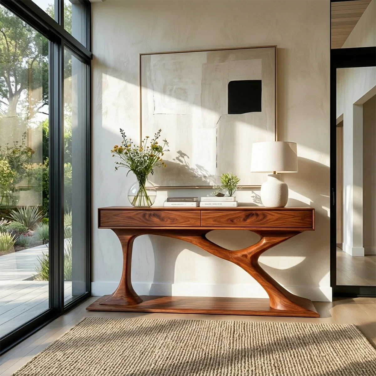 Contemporary entryway table featuring organic sculpted base and concealed drawer storage