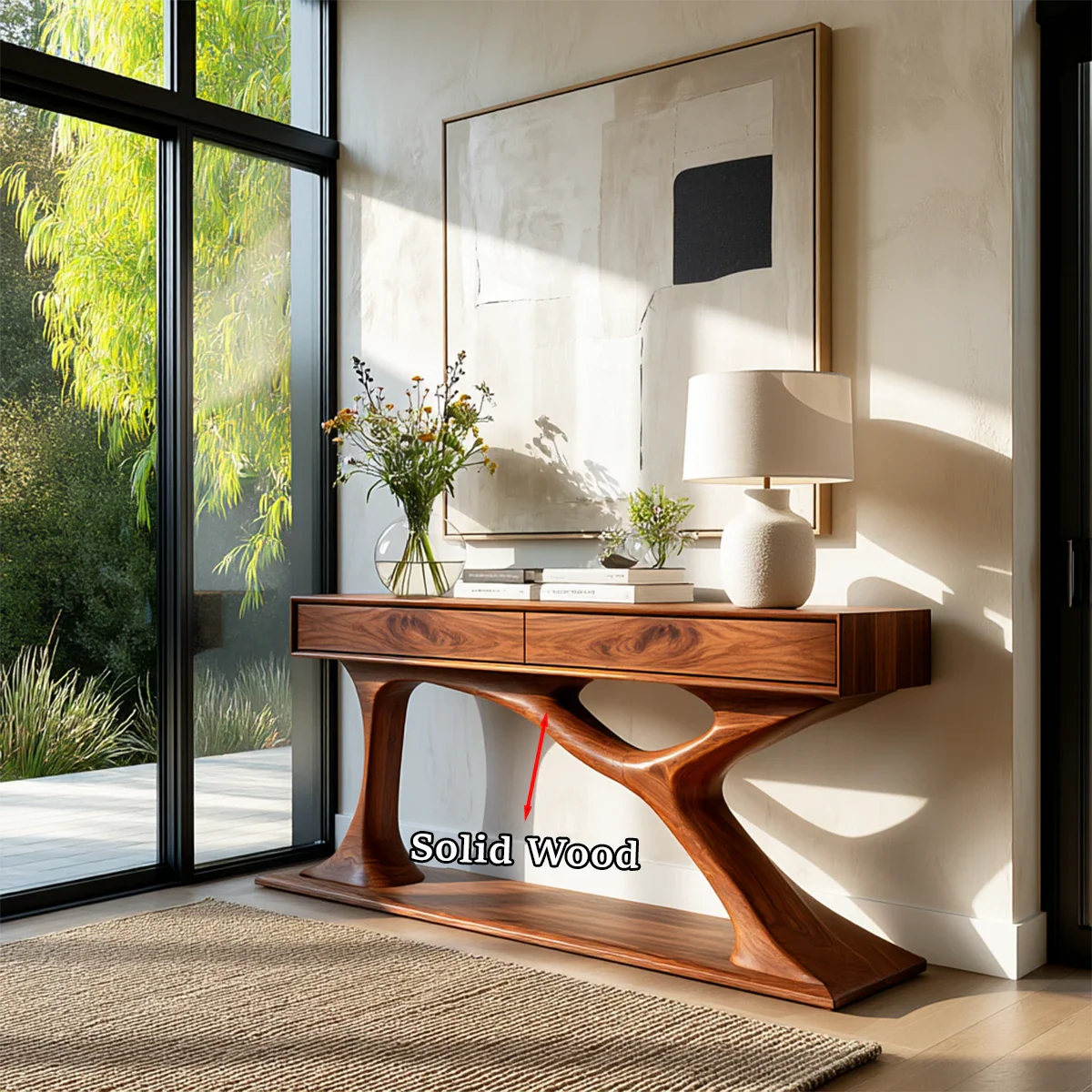 Organic modern console with flowing pedestal base and integrated drawer organization