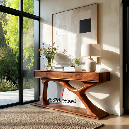 Organic modern console with flowing pedestal base and integrated drawer organization