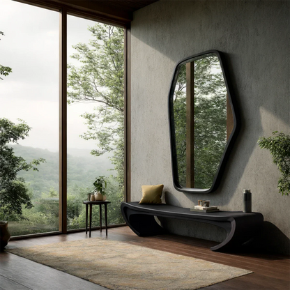 Decorative modern bench designed with artistic wave base and polished black tone finish