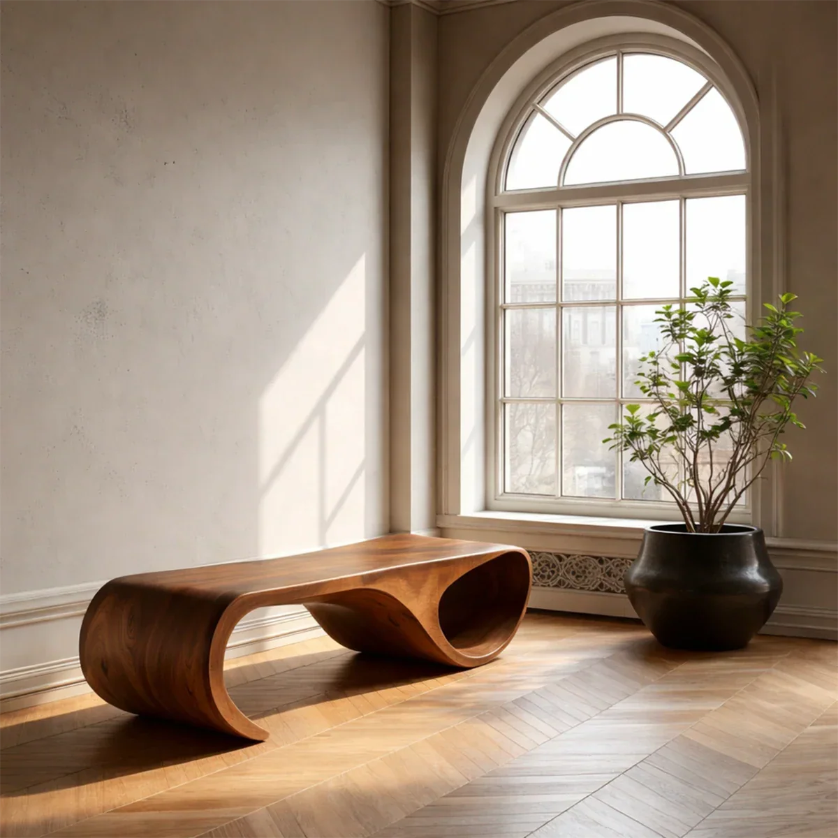 Japandi style sculptural bench featuring fluid continuous base and brown tone finish detail