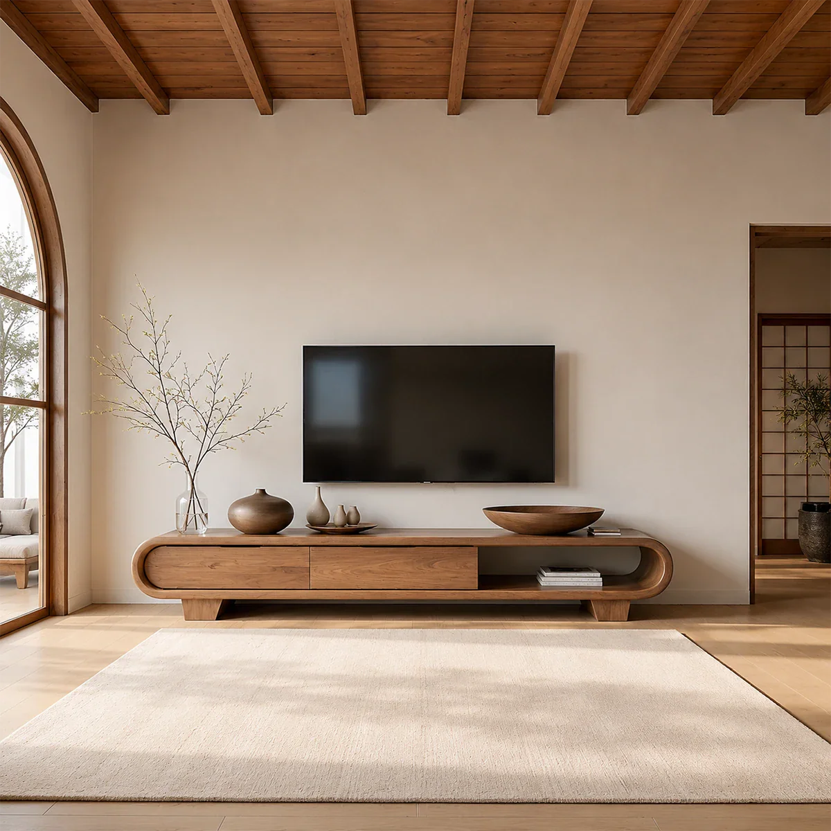 Solid Wood TV Stand with Low Profile Design and Rounded End Frame