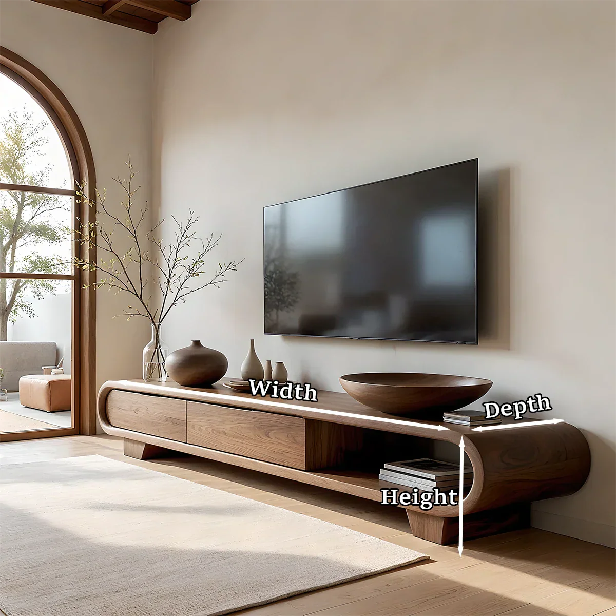 A contemporary TV stand in walnut style with open shelf layout and smooth organic shape