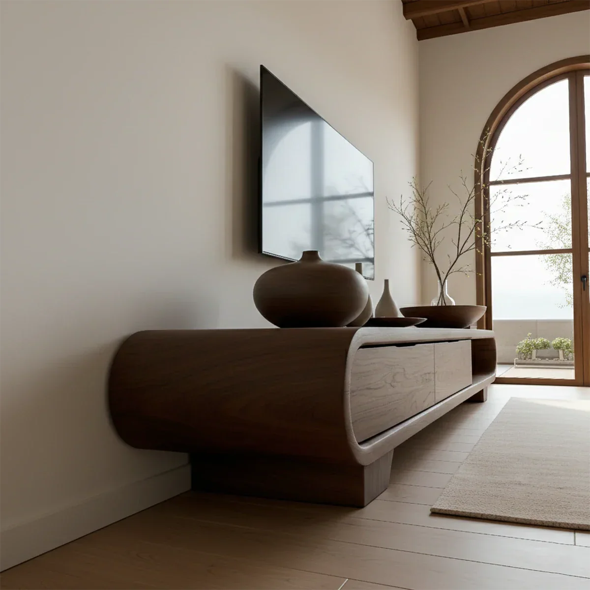 Featuring a walnut style TV stand with curved edges and functional open shelf storage