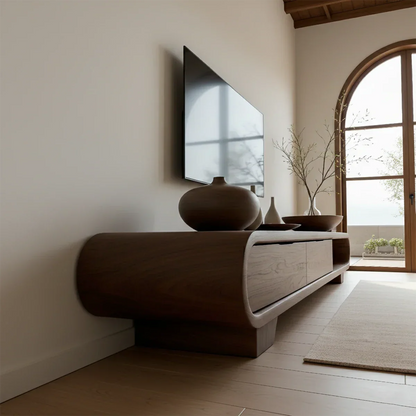 Featuring a walnut style TV stand with curved edges and functional open shelf storage