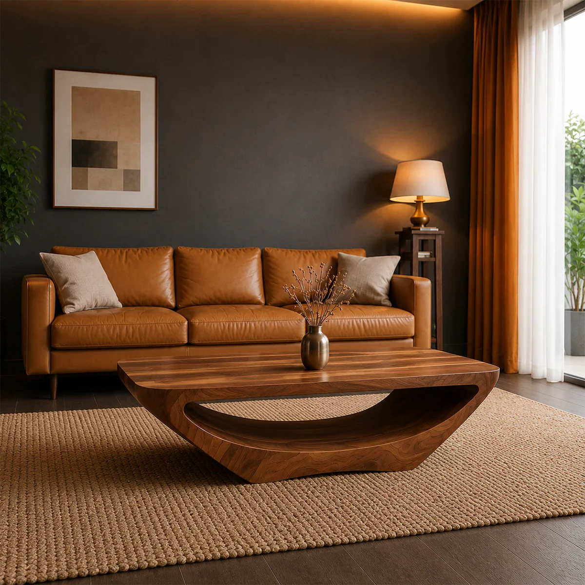 Sculptural coffee table with curved open base and contemporary living room styling