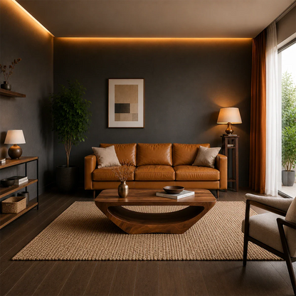 Modern coffee table featuring a flowing architectural silhouette and open center design