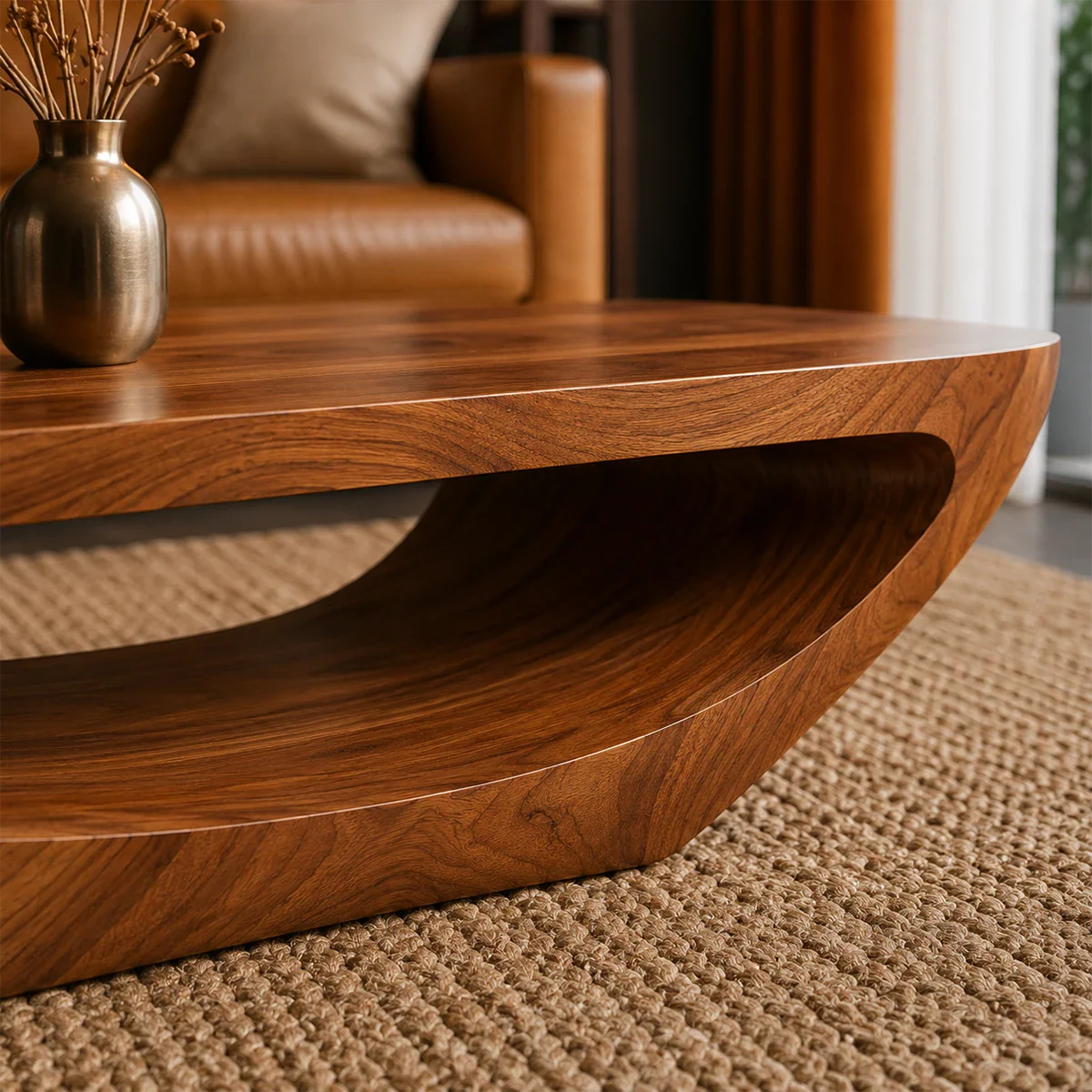 Designer coffee table with seamless curved structure and refined wood grain detailing
