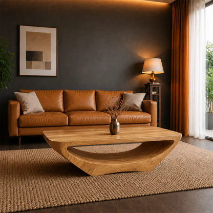 Handcrafted coffee table designed with smooth curves and sculptural visual balance